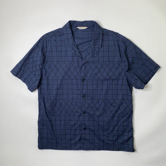 FOLK Clothing Shirt Mens 6 (XXL) Slim Fit Navy Black Cotton Check Short Sleeve - Picture 2 of 8